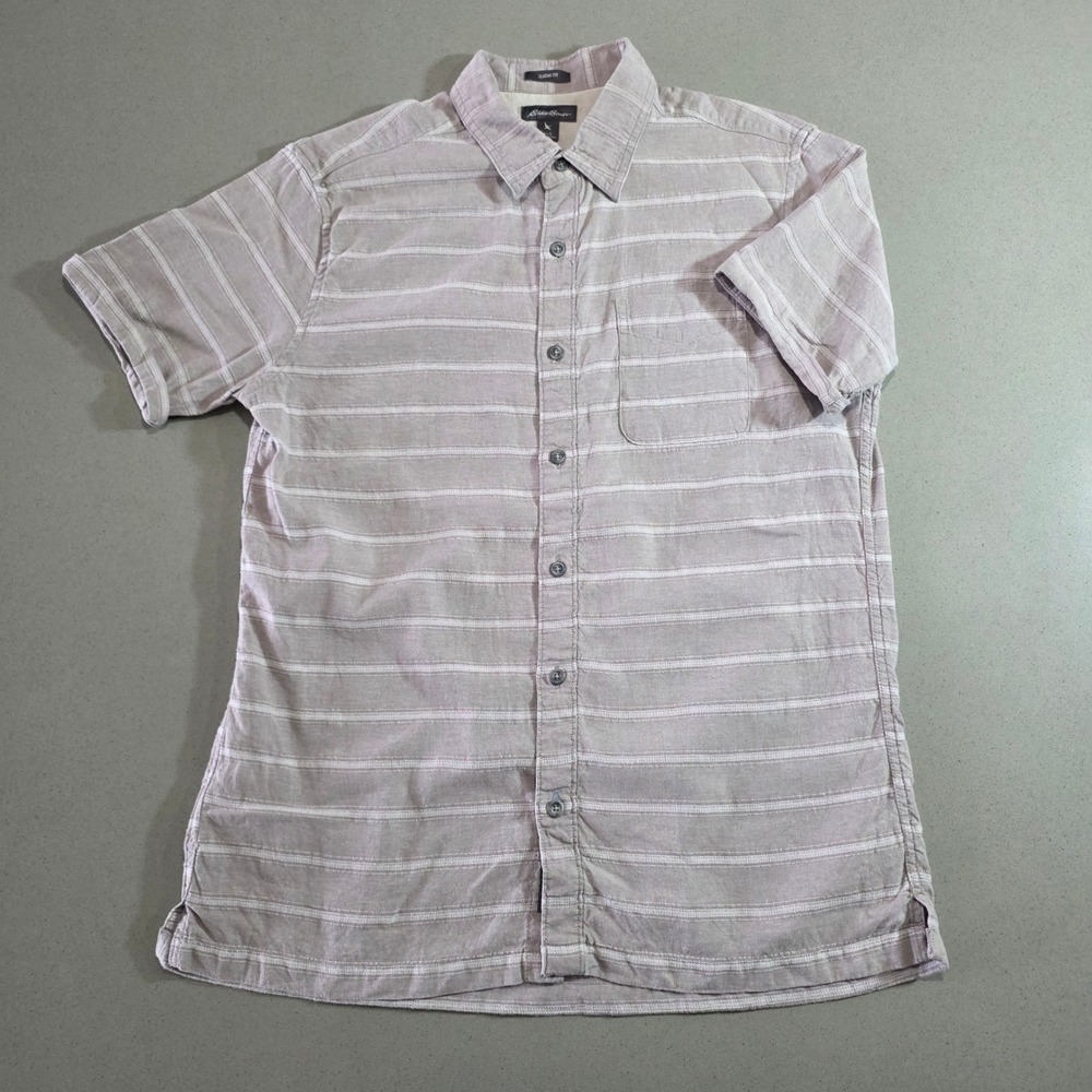 Eddie Bauer Mens Large Classic Fit Short Sleeve Button Down Striped Shirt Tan